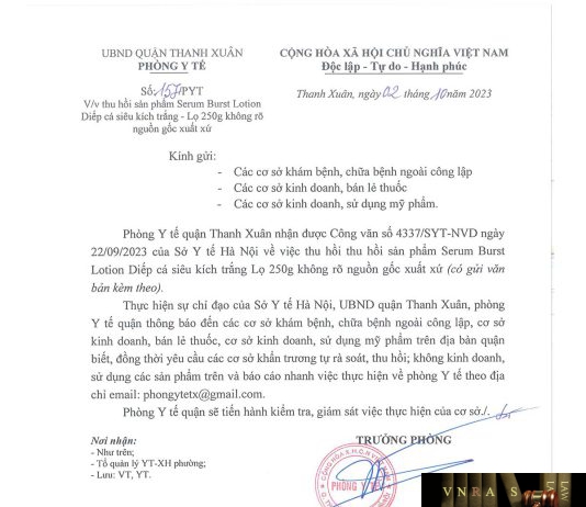 Công văn số 157/PYT Phòng y tế Quận Thanh Xuân ngày 02 tháng 10 năm 2023 về việc thu hồi sản phẩm Serum Burst Lotion Diếp cá siêu kích trắng - Lọ 250g không rõ nguồn gốc xuất xứ