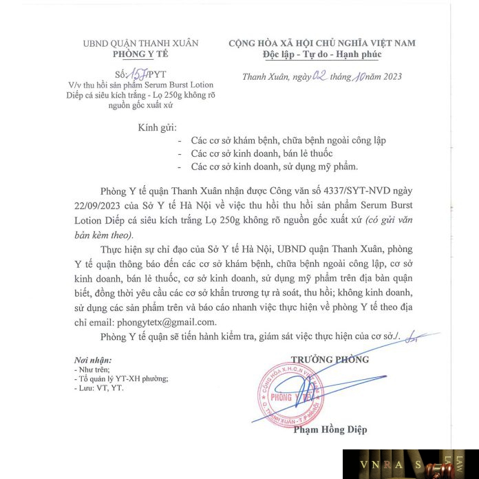 Công văn số 157/PYT Phòng y tế Quận Thanh Xuân ngày 02 tháng 10 năm 2023 về việc thu hồi sản phẩm Serum Burst Lotion Diếp cá siêu kích trắng - Lọ 250g không rõ nguồn gốc xuất xứ