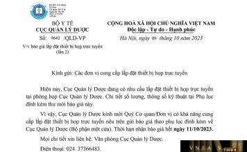 Công văn số 9642/QLD-VP ngày 09/10/2023 của Cục Quản lý Dược về việc báo giá lắp đặt thiết bị họp trực tuyến (lần 2)