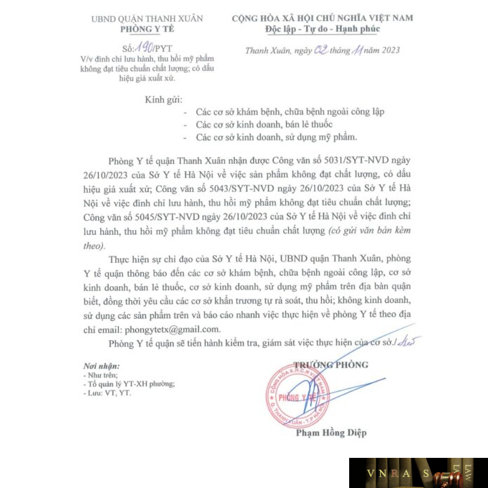 Công văn số 190/PYT Phòng y tế Quận Thanh Xuân ngày 02 tháng 11 năm 2023 về việc đình chỉ lưu hành, thu hồi mỹ phẩm không đạt tiêu chuẩn chất lượng; có dấu hiệu giả xuất xứ