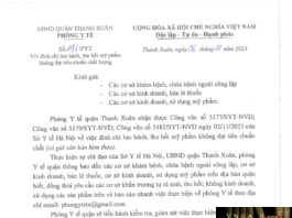 Công văn số 191/PYT Phòng y tế Quận Thanh Xuân ngày 06 tháng 11 năm 2023 về việc đình chỉ lưu hành, thu hồi mỹ phẩm không đạt tiêu chuẩn chất lượng