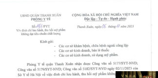 Công văn số 191/PYT Phòng y tế Quận Thanh Xuân ngày 06 tháng 11 năm 2023 về việc đình chỉ lưu hành, thu hồi mỹ phẩm không đạt tiêu chuẩn chất lượng