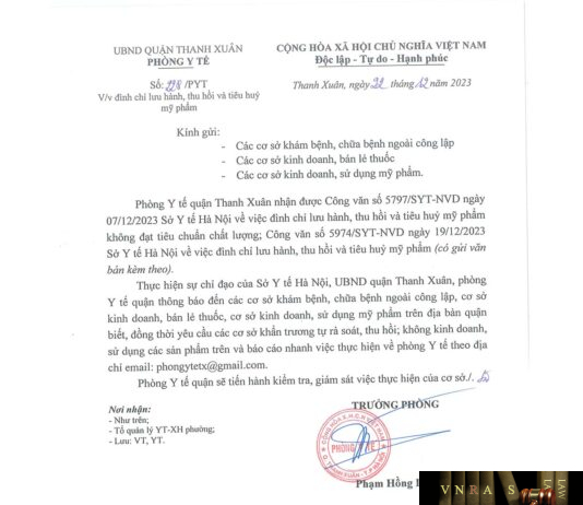 Công văn số 5797/SYT-NVD ngày 07/12/2023 Sở Y tế Hà Nội về việc đình chỉ lưu hành, thu hồi và tiêu huỷ mỹ phẩm không đạt tiêu chuẩn chất lượng