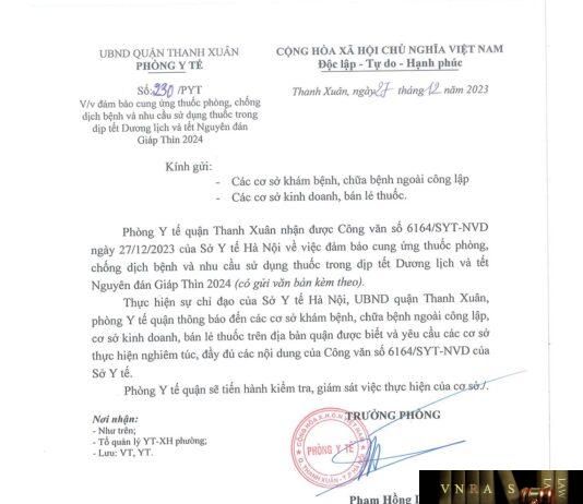 Công văn số 6164/SYT-NVD ngày 27/12/2023 của Sở Y tế Hà Nội về việc đảm bảo cung ứng thuốc phòng, chống dịch bệnh và nhu cầu sử dụng thuốc trong dịp tết Dương lịch và tết Nguyên đán Giáp Thìn 2024