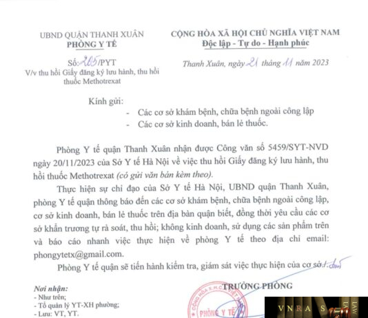 Công văn số 205/PYT Phòng y tế Quận Thanh Xuân ngày 21 tháng 11 năm 2023 về việc thu hồi giấy đăng ký lưu hành, thu hồi thuốc Methotrexate