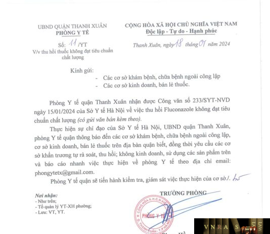 Công văn số 233/SYT-NVD ngày 15/01/2024 của Sở Y tế TP Hà Nội về việc thu hồi thuốc Fluconazole do Công ty Kausikh Therapeutics (P) Ltd. (India) sản xuất không đạt tiêu chuẩn chất lượng