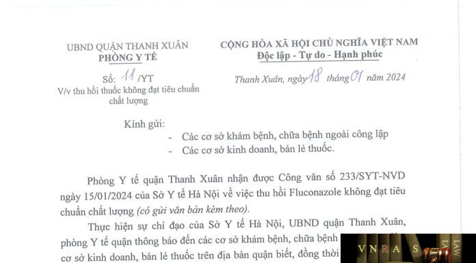Công văn số 233/SYT-NVD ngày 15/01/2024 của Sở Y tế TP Hà Nội về việc thu hồi thuốc Fluconazole do Công ty Kausikh Therapeutics (P) Ltd. (India) sản xuất không đạt tiêu chuẩn chất lượng