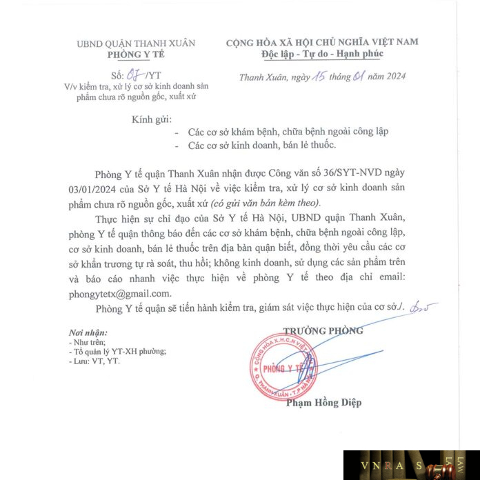 Công văn số 36/SYT-NVD ngày 03/01/2024 của Sở Y tế TP Hà Nội về việc kiểm tra, xử lý cơ sở kinh doanh sản phẩm viên nang Linsen Double Caulis chưa rõ nguồn gốc, xuất xứ