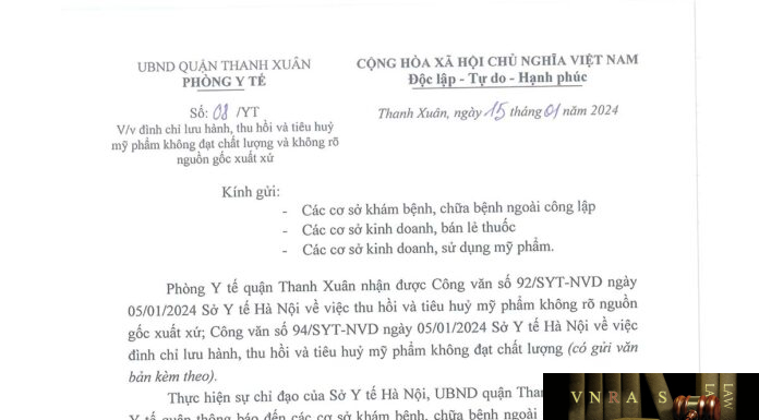Công văn số 94/SYT-NVD ngày 05/01/2024 của Sở Y tế TP Hà Nội về việc đình chỉ lưu hành, thu hồi và tiêu hủy lô sản phẩm Yaskin-J không đạt chất lượng