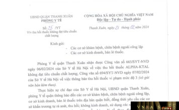 Công văn số 694/SYT-NVD ngày 07/02/2024 của Sở Y tế TP Hà Nội về việc thu hồi thuốc Viên nén bao phim Cetirizin do Công ty cổ phần Dược phẩm 2/9 - Nadyphar sản xuất vi phạm mức độ 3