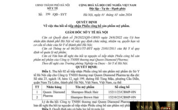 Quyết định số 250/QĐ-SYT ngày 01/02/2024 của Sở Y tế TP Hà Nội về việc thu hồi số tiếp nhận Phiếu công bố sản phẩm mỹ phẩm Shampoo Black Hair và Shampoo Brown Hair do Công ty TNHH thương mại Queen Diamond Pharma sản xuất