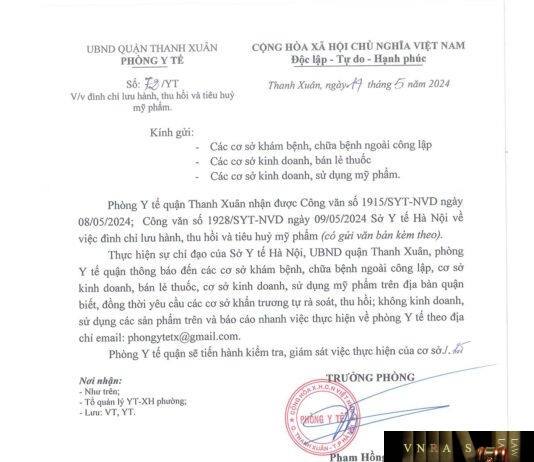 Công văn số 1928/SYT-NVD ngày 09/05/2024 của Sở Y tế TP Hà Nội về việc đình chỉ lưu hành, thu hồi trên toàn quốc sản phẩm Serum phục hồi da hư tổn do Công ty TNHH TM & DV Hải Tâm sản xuất không đúng như hồ sơ công bố sản phẩm mỹ phẩm