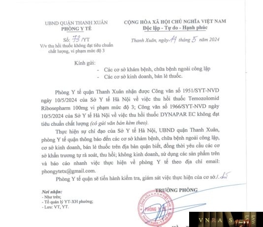 Công văn số 1951/SYT-NVD ngày 10/05/2024 của Sở Y tế TP Hà Nội về việc thu hồi thuốc Temozolomid Ribosepharm 100mg do Công ty Haupt Pharma Amareg GmbH (Đức) sản xuất vi phạm mức độ 3