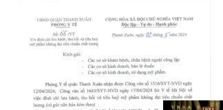 Công văn số 1516/SYT-NVD ngày 12/04/2024 của Sở Y tế TP Hà Nội về việc đình chỉ lưu hành, thu hồi trên toàn quốc sản phẩm Innisfree Bija Trouble Facial Foam do Cosvision Co., Ltd - Korea sản xuất không đạt tiêu chuẩn chất lượng