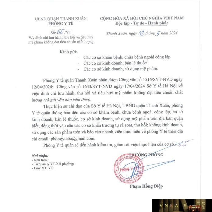 Công văn số 1516/SYT-NVD ngày 12/04/2024 của Sở Y tế TP Hà Nội về việc đình chỉ lưu hành, thu hồi trên toàn quốc sản phẩm Innisfree Bija Trouble Facial Foam do Cosvision Co., Ltd - Korea sản xuất không đạt tiêu chuẩn chất lượng