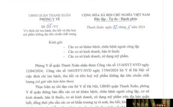 Công văn số 1643/SYT-NVD ngày 17/04/2024 của Sở Y tế TP Hà Nội về việc đình chỉ lưu hành, thu hồi trên toàn quốc lô sản phẩm Bath Gel - MM Professional (Chai 35ml) do Chi nhánh Công ty TNHH sản xuất - thương mại Mỹ Nguyên sản xuất không đạt tiêu chuẩn chất lượng