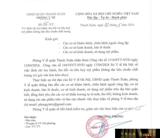 Công văn số 1643/SYT-NVD ngày 17/04/2024 của Sở Y tế TP Hà Nội về việc đình chỉ lưu hành, thu hồi trên toàn quốc lô sản phẩm Bath Gel - MM Professional (Chai 35ml) do Chi nhánh Công ty TNHH sản xuất - thương mại Mỹ Nguyên sản xuất không đạt tiêu chuẩn chất lượng