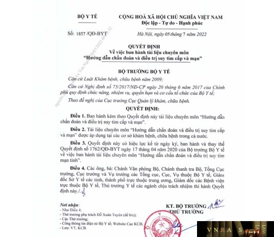 Quyết định 1857/QĐ-BYT ngày 05/07/2022 về việc ban hành tài liệu chuyên môn "Hướng dẫn chẩn đoán và điều trị suy tim cấp và mạn"