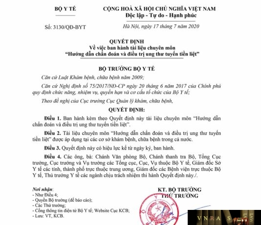 Quyết định số 3130/QĐ-BYT ngày 17 tháng 07 năm 2020 về việc ban hành tài liệu chuyên môn “Hướng dẫn chẩn đoán và điều trị ung thư tuyến tiền liệt”