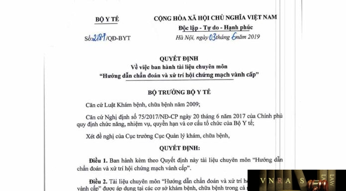 Quyết định 2187/QĐ-BYT ngày 03/6/2019 của Bộ trưởng Bộ Y tế về việc ban hành tài liệu chuyên môn “Hướng dẫn chẩn đoán và xử trí hội chứng mạch vành cấp”