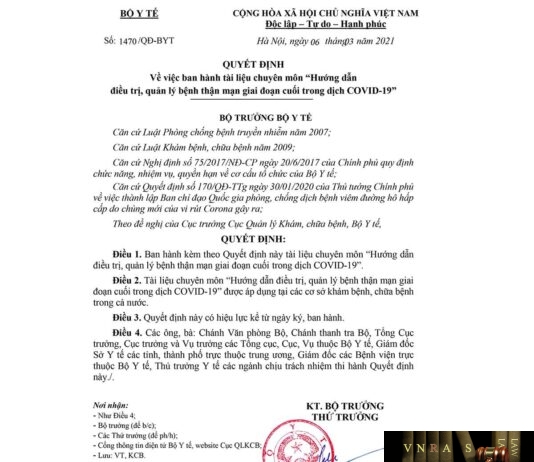 Quyết định số 1470/QĐ-BYT ngày 6/3/2021 Về việc ban hành tài liệu chuyên môn “Hướng dẫn điều trị, quản lý bệnh thận mạn giai đoạn cuối trong dịch COVID-19”
