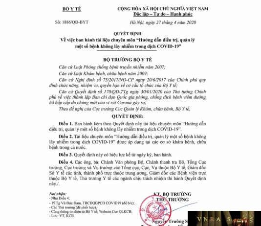 Quyết định số 1886/QĐ-BYT ngày 27/4/2020 Về việc ban hành tài liệu chuyên môn “Hướng dẫn điều trị, quản lý một số bệnh không lây nhiễm trong dịch COVID-19”