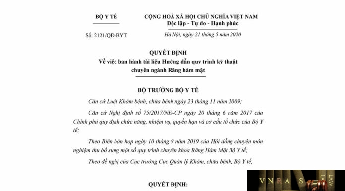 Quyết định số 2121/QĐ-BYT ngày 21/5/2020 của Bộ Y tế về việc ban hành tài liệu Hướng dẫn quy trình kỹ thuật chuyên ngành Răng hàm mặt