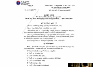 Hướng dẫn tạm thời Danh mục thuốc điều trị ngoại trú cho người nhiễm COVID-19 tại nhà - của Bộ Y tế, Quyết định 4109/QĐ-BYT ngày 26/8/2021