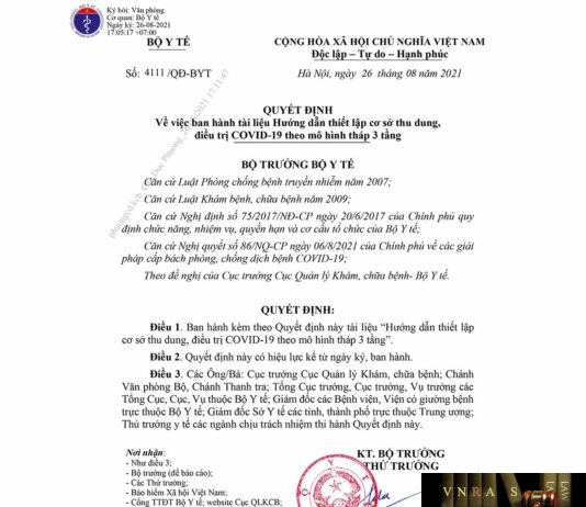 Quyết định số 4111/QĐ-BYT ngày 26/8/2021 của Bộ Y tế Về việc ban hành tài liệu Hướng dẫn thiết lập cơ sở thu dung, điều trị COVID-19 theo mô hình tháp 3 tầng
