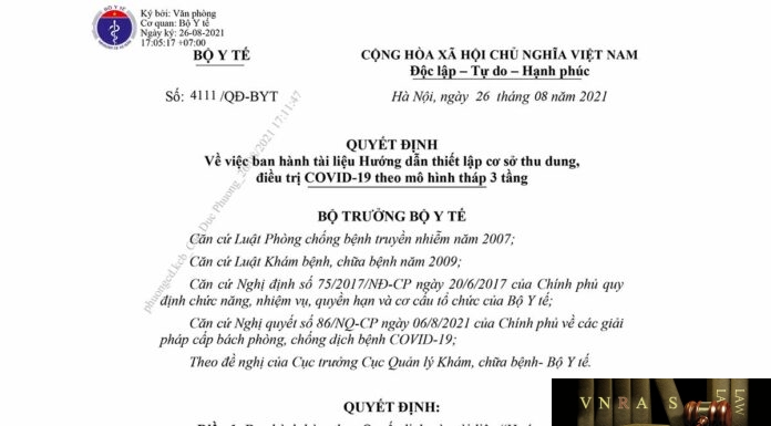 Quyết định số 4111/QĐ-BYT ngày 26/8/2021 của Bộ Y tế Về việc ban hành tài liệu Hướng dẫn thiết lập cơ sở thu dung, điều trị COVID-19 theo mô hình tháp 3 tầng
