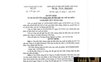 Quyết định số 1132/QĐ-SYT ngày 10/05/2024 của Sở Y tế TP Hà Nội về việc thu hồi Giấy chứng nhận đủ điều kiện sản xuất mỹ phẩm của Công ty Cổ phẩn Elemento Việt Nam