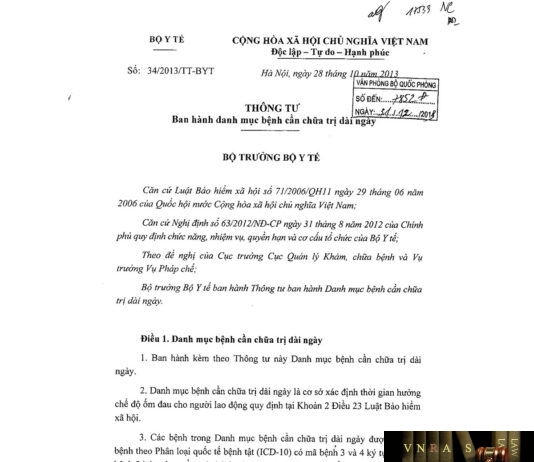 Thông tư số 34/2013/TT-BYT ngày 28/10/2013 của Bộ Y tế về việc "Ban hành danh mục bệnh cần chữa trị dài ngày"
