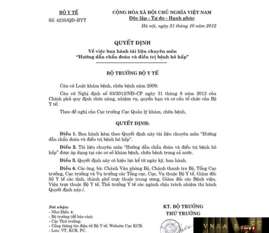 Quyết định số 4235/QĐ-BYT ngày 31/12/2012 của Bộ Y tế về việc ban hành tài liệu chuyên môn "Hướng dẫn chẩn đoán và điều trị bệnh Hô Hấp"