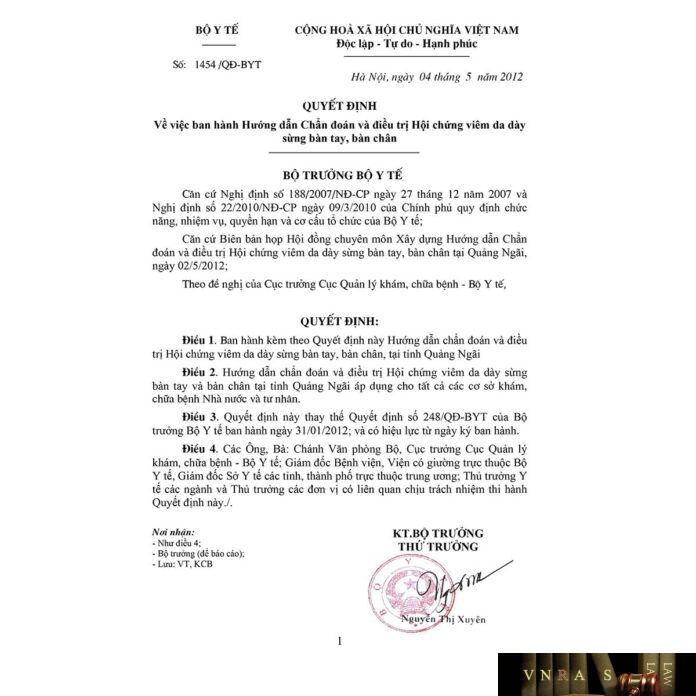 Quyết định số 1454/QĐ-BYT ngày 04/05/2012 của Bộ Y tế về việc ban hành Hướng dẫn Chẩn đoán và điều trị Hội chứng viêm da dày sừng bàn tay, bàn chân