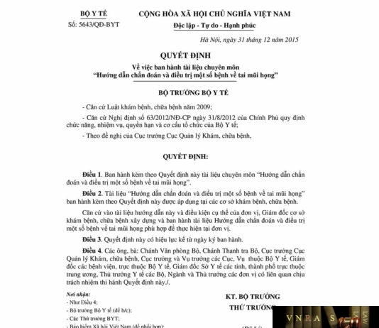 Hướng dẫn chẩn đoán và điều trị một số bệnh về tai mũi họng - theo Bộ Y tế, Quyết định số 5643/QĐ-BYT ngày 31/12/2015