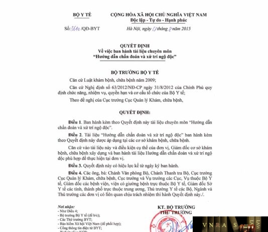 Quyết định số 3610/QĐ-BYT ngày 31/08/2015 của Bộ Y tế về việc ban hành tài liệu chuyên môn “Hướng dẫn chẩn đoán và xử trí Ngộ độc”
