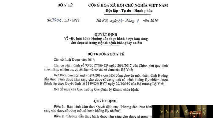 Quyết định số 3809/QĐ-BYT ngày 27 tháng 8 năm 2019 về việc ban hành Hướng dẫn thực hành dược lâm sàng cho Dược sỹ trong một số bệnh không lây nhiễm