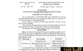 Quyết định số 1301/QĐ-SYT ngày 28/05/2024 của Sở Y tế TP Hà Nội về việc thu hồi số tiếp nhận Phiếu công bố sản phẩm Dầu gội thảo mộc, Sữa tắm gội thảo mộc nam giới, Sữa tắm thảo mộc do Công ty cổ phần dịch vụ Nghị Lực Sống IMAGTOR sản xuất