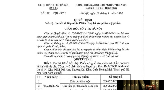 Quyết định số 1301/QĐ-SYT ngày 28/05/2024 của Sở Y tế TP Hà Nội về việc thu hồi số tiếp nhận Phiếu công bố sản phẩm Dầu gội thảo mộc, Sữa tắm gội thảo mộc nam giới, Sữa tắm thảo mộc do Công ty cổ phần dịch vụ Nghị Lực Sống IMAGTOR sản xuất