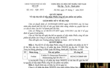 Quyết định số 1412/QĐ-SYT ngày 29/05/2024 của Sở Y tế TP Hà Nội về việc thu hồi số tiếp nhận Phiếu công bố mỹ phẩm I’white Uv Sunscreen Protection Moisturizing Spf 50+/Pa+++ do Công ty cổ phần tập đoàn IWHITE sản xuất