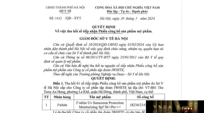 Quyết định số 1412/QĐ-SYT ngày 29/05/2024 của Sở Y tế TP Hà Nội về việc thu hồi số tiếp nhận Phiếu công bố mỹ phẩm I’white Uv Sunscreen Protection Moisturizing Spf 50+/Pa+++ do Công ty cổ phần tập đoàn IWHITE sản xuất Quyết định số 1412/QĐ-SYT ngày 29/05/2024 của Sở Y tế TP Hà Nội về việc thu hồi số tiếp nhận Phiếu công bố mỹ phẩm I’white Uv Sunscreen Protection Moisturizing Spf 50+/Pa+++ do Công ty cổ phần tập đoàn IWHITE sản xuất