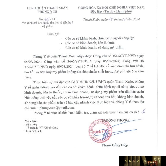 Công văn số 3644/SYT-NVD ngày 05/08/2024 của Sở Y tế TP Hà Nội về việc đình chỉ lưu hành, thu hồi trên toàn quốc sản phẩm Dầu massage (nhãn hàng Đại lực hoàng) của Công ty TNHH một thành viên sản xuất và thương mại mỹ phẩm Lê Vân