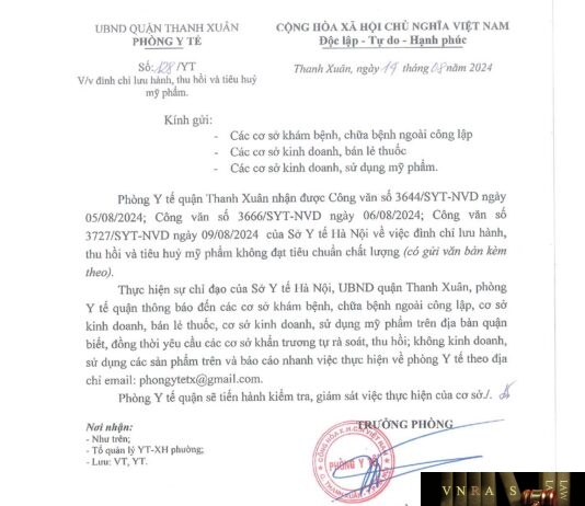 Công văn số 3666/SYT-NVD ngày 06/08/2024 của Sở Y tế TP Hà Nội về việc đình chỉ lưu hành, thu hồi trên toàn quốc 206 sản phẩm do Công ty cổ phần sản xuất và thương mại Belux Việt Nam sản xuất
