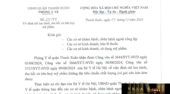 Công văn số 3727/SYT-NVD ngày 09/08/2024 của Sở Y tế TP Hà Nội về việc đình chỉ lưu hành, thu hồi trên toàn quốc lô sản phẩm Ginseng Beauty Cream (Nhãn hàng Beaumore) do Công ty TNHH xuất nhập khẩu Khang Thịnh sản xuất không đạt tiêu chuẩn chất lượng