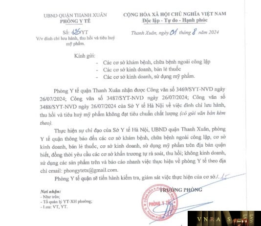 Công văn số 3469/SYT-NVD ngày 26/07/2024 của Sở Y tế TP Hà Nội về việc đình chỉ lưu hành, thu hồi trên toàn quốc lô sản phẩm Kem chống nắng vitamin E (Nhãn hàng Marubi Colorful U) không đạt tiêu chuẩn chất lượng và nhãn mỹ phẩm lưu hành vi phạm
