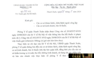 Công văn số 3918/SYT-NVD ngày 20/08/2024 của Sở Y tế TP Hà Nội về việc thu hồi thuốc Viên nén dài bao phim Cefaclor 375mg (Cefaclor) do Chi nhánh Công ty cổ phần dược phẩm và sinh học y tế sản xuất vi phạm mức độ 2