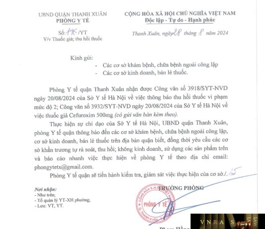 Công văn số 3918/SYT-NVD ngày 20/08/2024 của Sở Y tế TP Hà Nội về việc thu hồi thuốc Viên nén dài bao phim Cefaclor 375mg (Cefaclor) do Chi nhánh Công ty cổ phần dược phẩm và sinh học y tế sản xuất vi phạm mức độ 2
