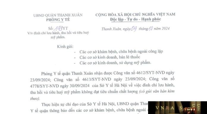 Công văn số 4612/SYT-NVD ngày 23/09/2024; Công văn số 4613/SYT-NVD ngày 23/09/2024; Công văn số 4718/SYT-NVD ngày 30/09/2024 của Sở Y tế Hà Nội về việc đình chỉ lưu hành, thu hồi và tiêu huỷ mỹ phẩm không đạt tiêu chuẩn chất lượng