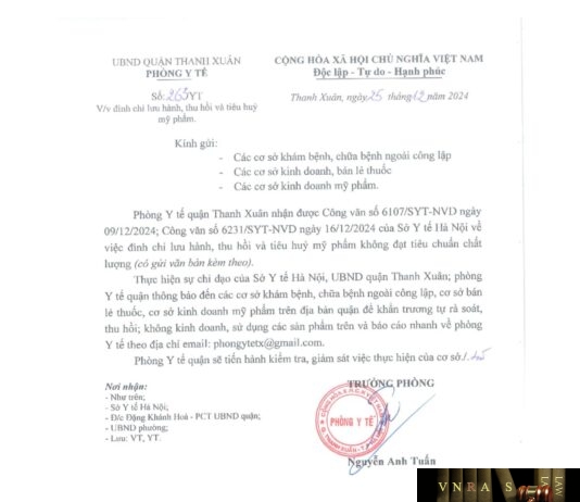Công văn số 263-YT về việc đình chỉ lưu hành, thu hồi, tiêu huỷ mỹ phẩm