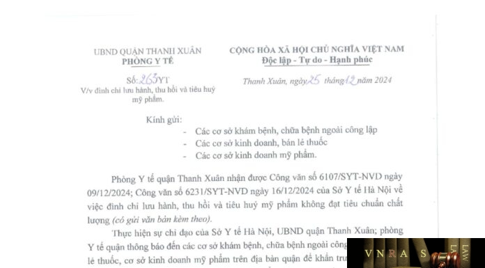 Công văn số 263-YT về việc đình chỉ lưu hành, thu hồi và tiêu huỷ mỹ phẩm Công văn số 263-YT về việc đình chỉ lưu hành, thu hồi, tiêu huỷ mỹ phẩm